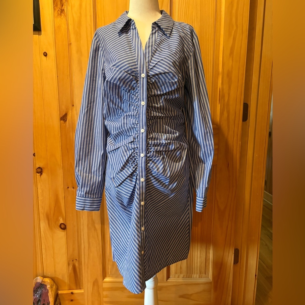 Eliza J Ruched Long Sleeve Shirtdress women’s size 8 NWT blue white stripe